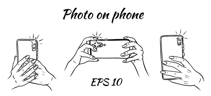 Fotos no telefone. Telefone na mão. Selfie. Ilustração do estilo do esboço