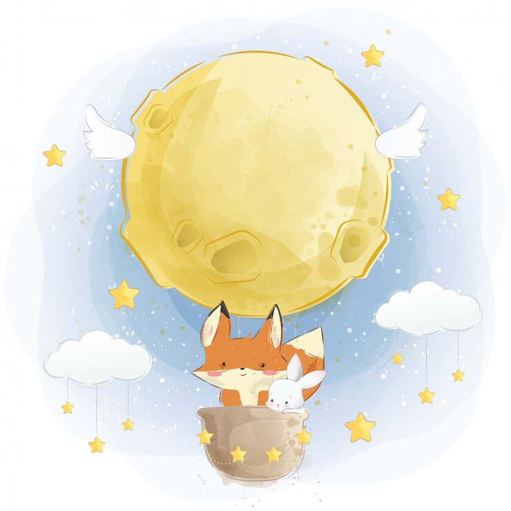 Fox bonito e coelho voando com balão de ar da lua