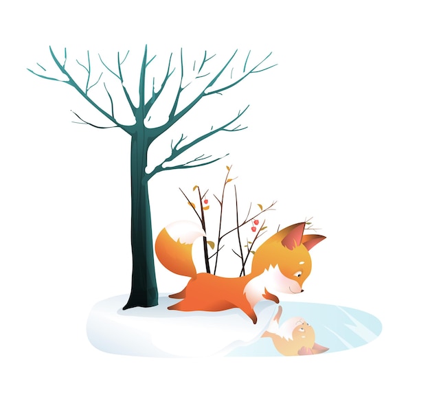 Fox bonito no inverno ou natal olhando para o reflexo no gelo do lago congelado. ilustração de personagem fox para crianças, natal animal na natureza. ilustração de crianças em estilo aquarela.