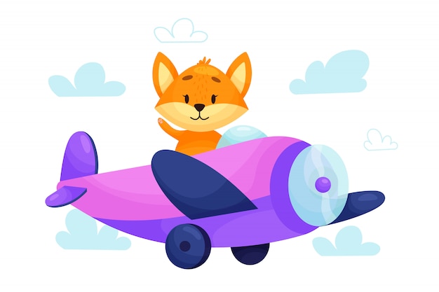 Fox piloto está voando em avião através das nuvens. ilustração de bonito dos desenhos animados para crianças