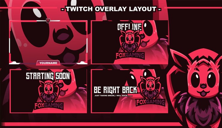 Vetor fox pink cute gaming layout design streamer personagem do logotipo twitch