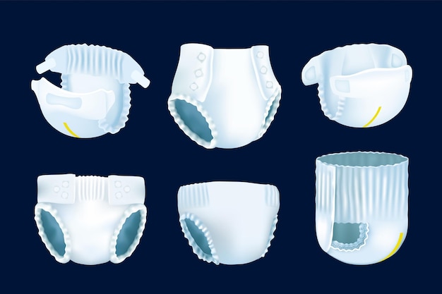 Vetor fralda de bebê fralda 3d realista cuecas respiráveis conjunto de roupas íntimas para pacientes e crianças incontinência urinária enchimento descartável confortável absorvente de xixi vetor higiene infantil
