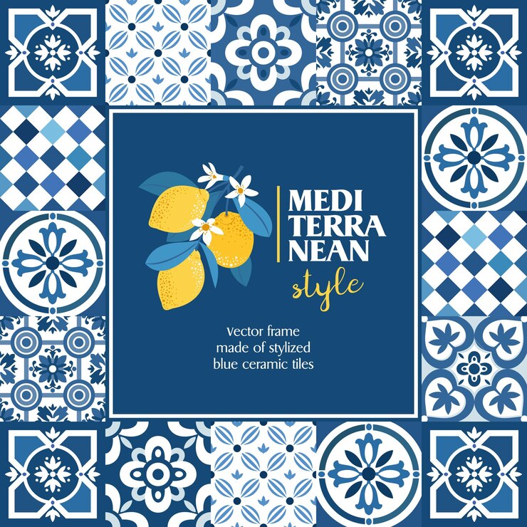 Vetor frame de azulejos azuis mediterrânicos