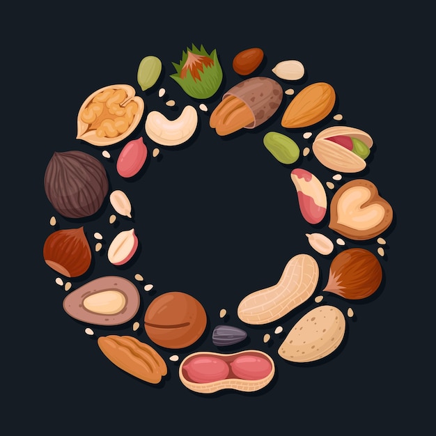 Frame redondo de nozes frutas saborosas pistache nozes amêndoa e avelã quadro circular ilustração vetorial plana quadro de lanches de nozes