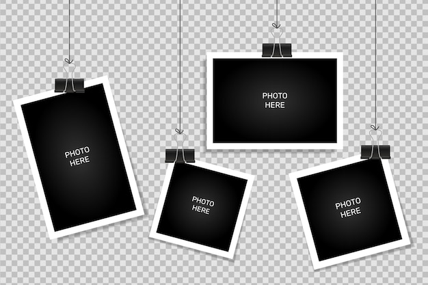 Frames de fotos pendurados em clips Memórias em branco realistas exibidas para modelo isolado na parede