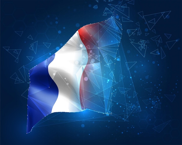 França, bandeira do vetor, objeto 3d abstrato virtual de polígonos triangulares em um fundo azul