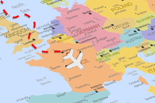 França com avião e linha tracejada no mapa da europa, fechar a França, conceito de férias, destino de voo