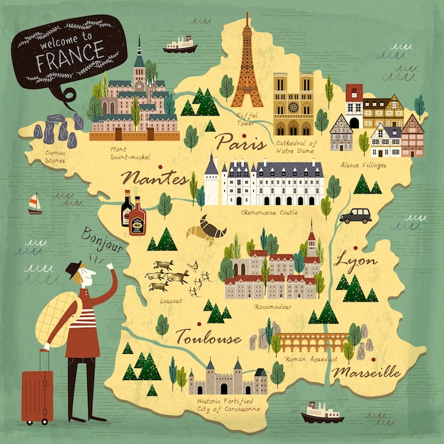 França viagem conceito ilustração mapa com atrações