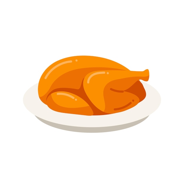 Frango assado ou peru em um ícone de prato em estilo plano em um fundo branco