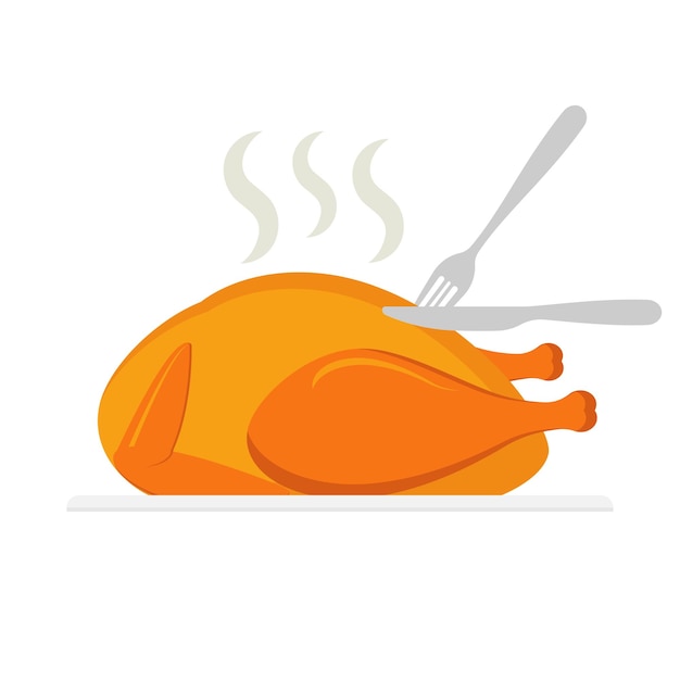 Frango assado sendo cortado por faca e garfo isolado no fundo branco Eps 10