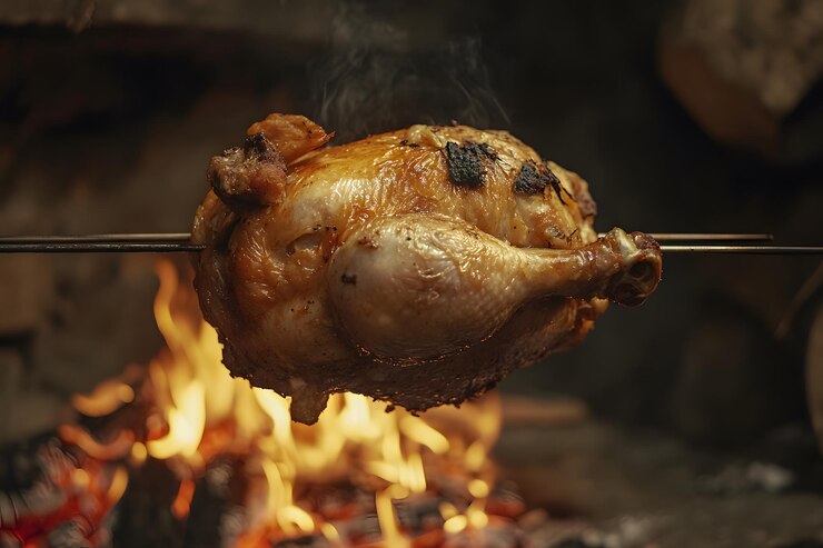 Vetor frango assado sobre chamas abertas em um formato quadrado de churrasco com espaço para texto