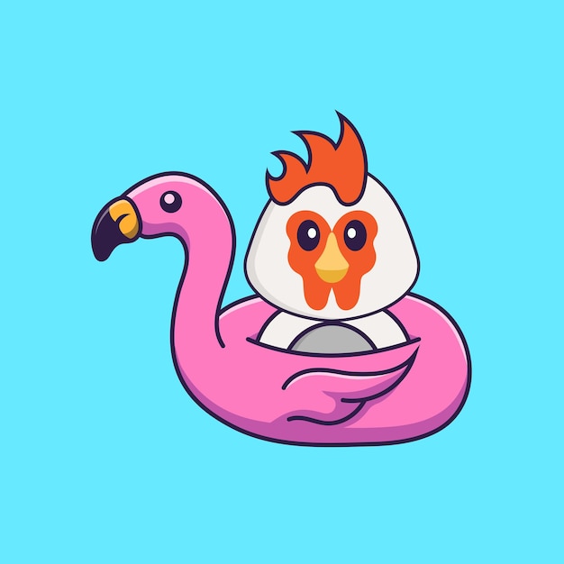 Vetor frango bonito com bóia de flamingo. conceito de desenho animado animal isolado