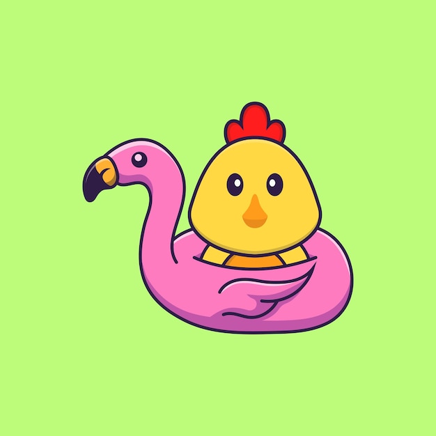 Vetor frango bonito com bóia de flamingo. conceito de desenho animado animal isolado