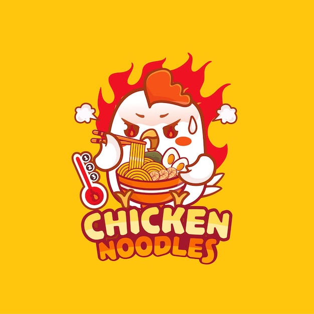 Vetor frango bonito come logotipo de mascote de macarrão ramen quente e picante com rosto picante