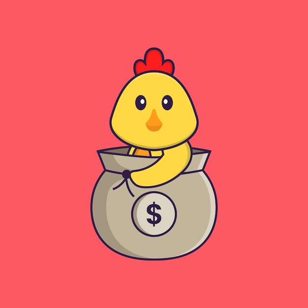 Frango bonito em um saco de dinheiro conceito de desenho animado animal isolado