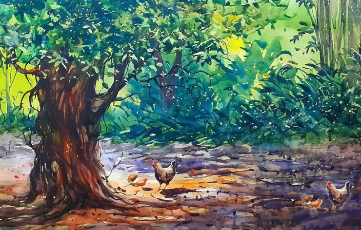 Vetor frango em aquarela brincando sob a árvore de arte manual