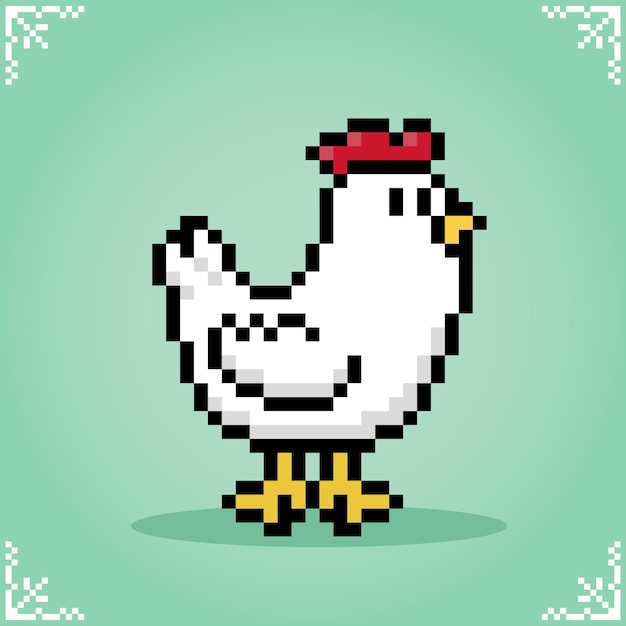 Vetor frango em pixel art de 8 bits animal bonito para ativos de jogo em ilustração vetorial