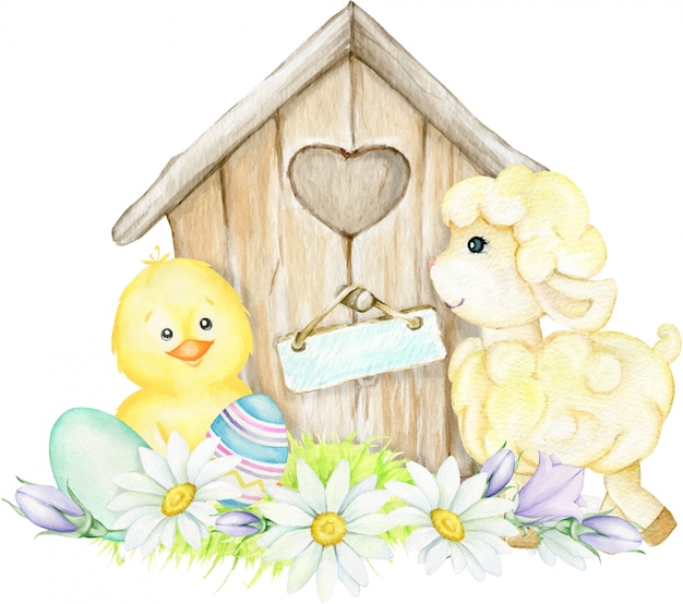 Frango, ovelha, casa, flores, ovos de páscoa. ilustração em aquarela de páscoa