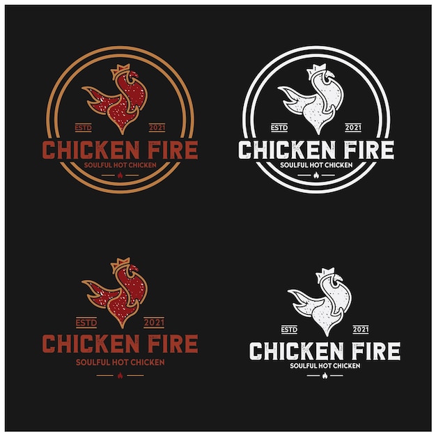 Frango retro vintage e logotipo de fogo premium vector