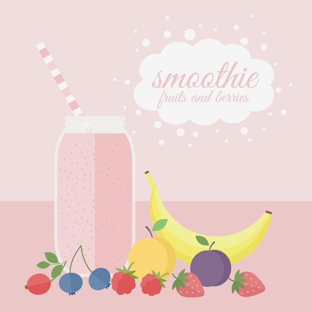 Frasco com smoothie de frutas com diferentes frutas e bagas em uma ilustração vetorial de mesa