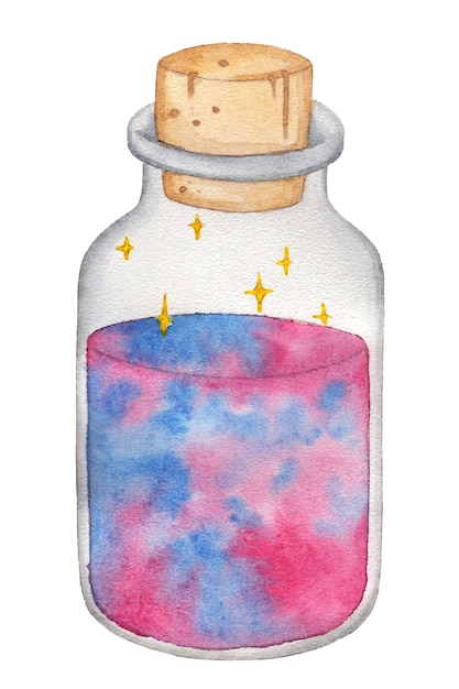 Vetor frasco de aquarela com uma rolha com um elixir mágico ou poção