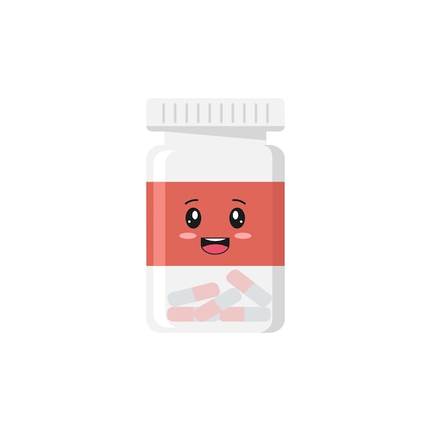 Frasco de cápsula sorridente personagem fofo um frasco com remédio dentro em um fundo branco