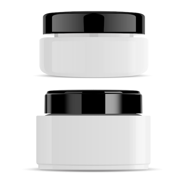 Frasco de creme branco com tampa preta recipiente brilhante
