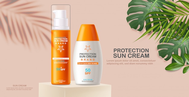 Frasco de creme solar 3d realista isolado, fundo tropical, banner tropical, embalagens, protetor solar, ilustração de cosméticos de verão spf 50