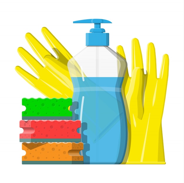 Frasco de detergente, esponja e luvas de borracha.