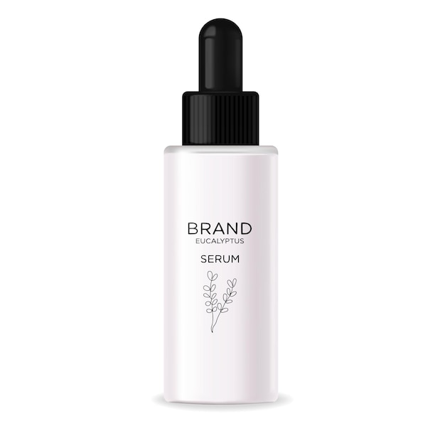 Frasco de loção de cosméticos. Cosmético de garrafa branca. Loção de soro realista. Garrafa de soro de eucalipto