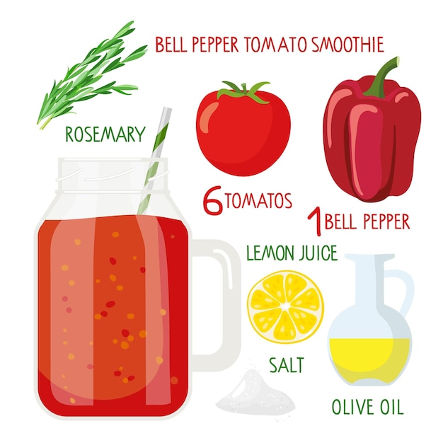 Frasco de pedreiro de saboroso batido de tomate copo de batido de vidro com ingredientes líquidos vermelhos comida