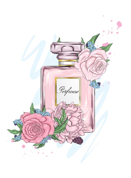 Vetor frasco de perfume e flores ilustração vetorial roupas e acessórios de moda e estilo