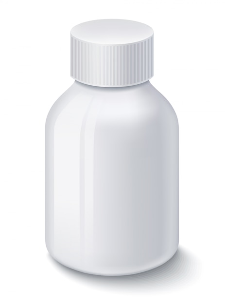 Frasco de plástico branco medicamento para comprimidos isolado no branco