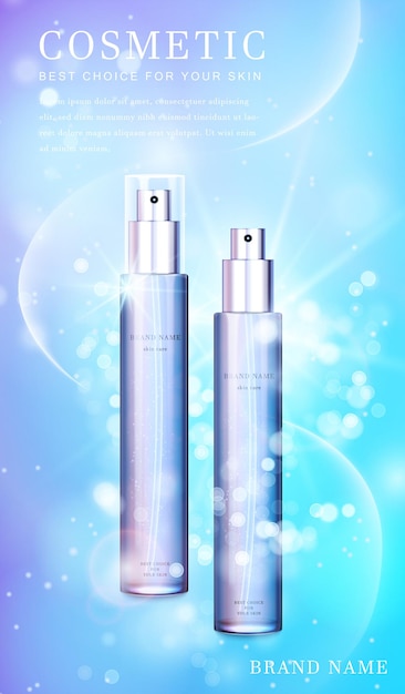 Frasco de spray cosmético de vidro transparente com banner de modelo de fundo cintilante brilhante.