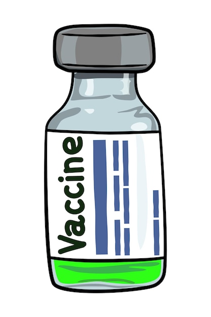 Frasco de vacina médica, líquido verde de garrafa de remédio, uma ilustração de doodle desenhada à mão.