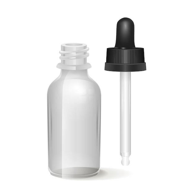 Frasco de vidro com conta-gotas em fundo branco, maquete aberta e fechada, recipiente vazio de cosméticos ou produtos médicos, formato vetorial
