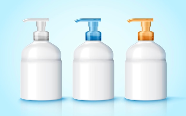 Frasco dispensador para lavagem à mão, três frascos dispensadores em branco definidos em ilustração 3D
