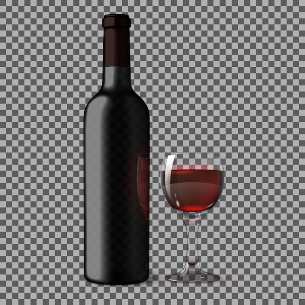 Vetor frasco realista preto em branco transparente para vinho tinto isolado em fundo xadrez com copo de vinho tinto. vecto