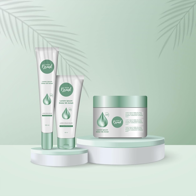 Frascos de cosméticos 3D e copo no pódio para apresentação e promoção de produtos cosméticos