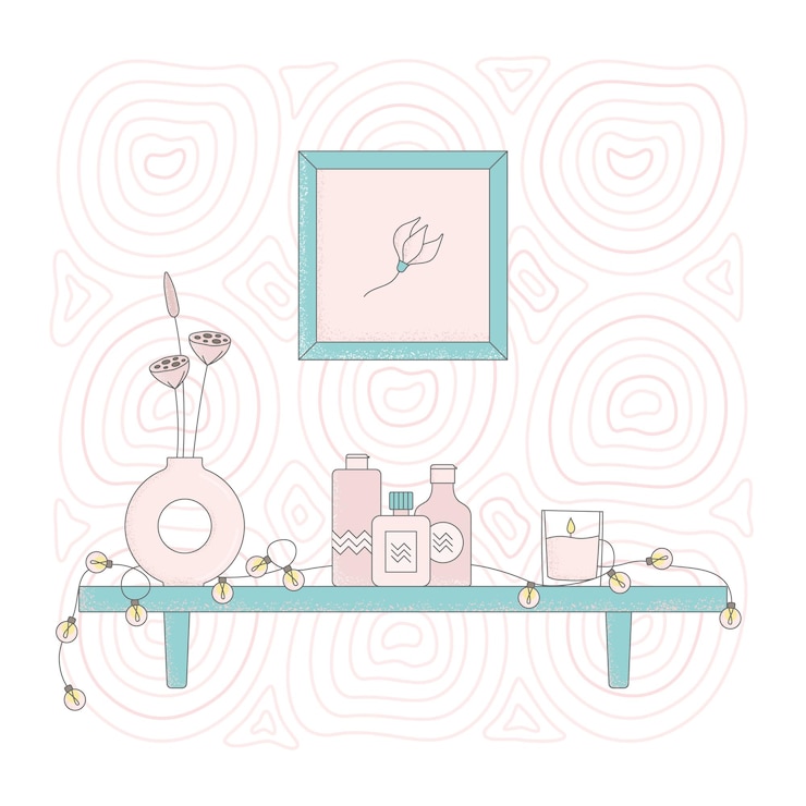 Vetor frascos de cosméticos de desenhos animados coloridos na prateleira do spa limpador de tubo de creme para o corpo ilustrações vetoriais de pintura de vaso de perfume