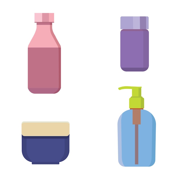 Frascos de cosméticos vector conjunto de cores. frasco de shampoo de beleza e recipiente com cosmético para ilustração de pele isolada