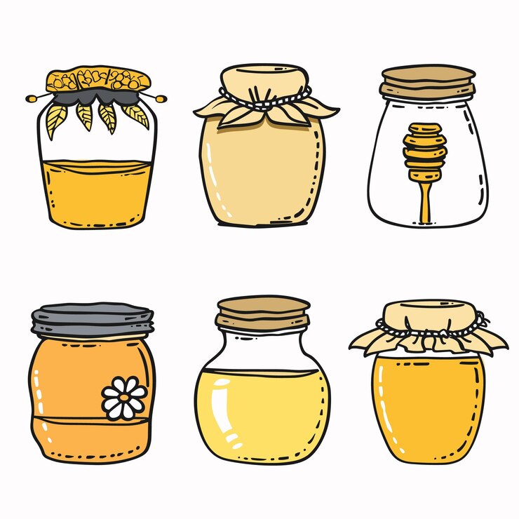 Vetor frascos de mel brilhantes definidos em estilo doodle desenhado à mão diferentes tampas decorações mel natural orgânico