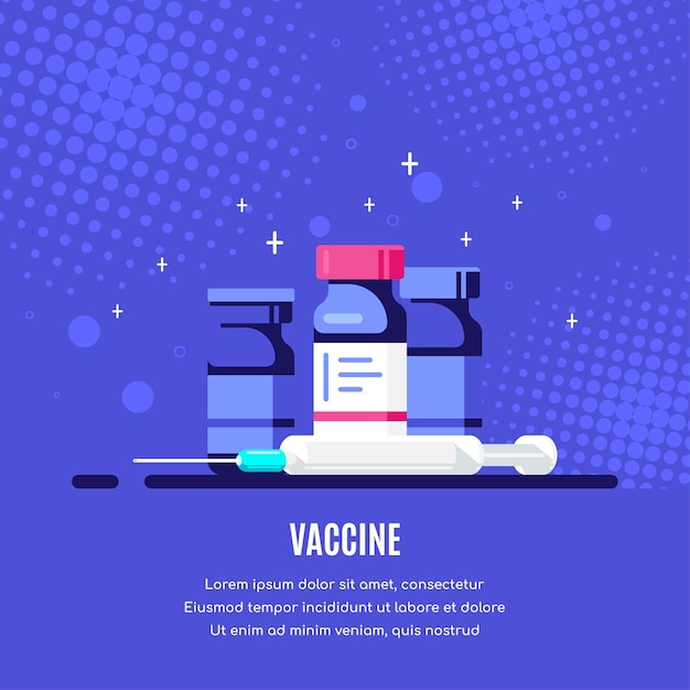 Frascos de vacina com seringa sobre fundo azul. tratamento médico, desenvolvimento de vacinas e conceito de vacinação. estilo simples.