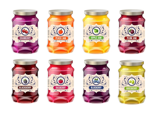 Frascos de vidro realistas com rótulos de geleia de frutas Modelos vintage retrô para rótulos de geleia de frutas vermelhas