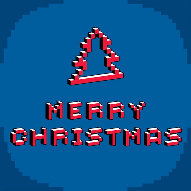 Vetor frase de feliz natal criada em estilo de tecnologia digital, árvore de natal vetorial de 8 bits. inscrição de pixel art de tema de celebração.