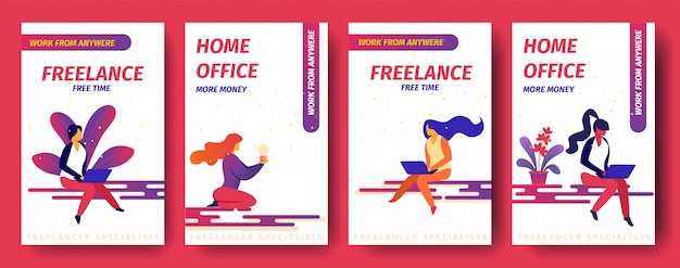 Freelance, tempo livre, home office mais dinheiro, trabalho de qualquer lugar mobile app page onboard screen set para o site.