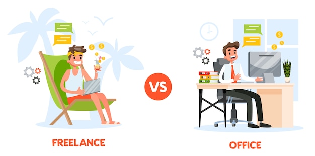 Freelance vs. conceito de trabalho de escritório. Homem sentado