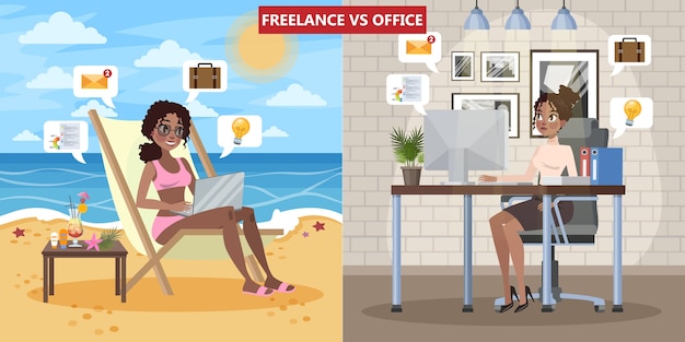 Freelance vs. conceito de trabalho de escritório. Mulher sentada na espreguiçadeira e trabalhando remotamente. Mulher de negócios jovem trabalhando no escritório. Ilustração em vetor plana isolada