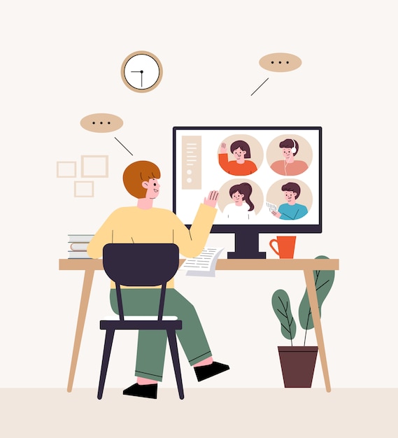 Freelancer de homem. Sente-se na mesa e faça uma videoconferência. Teletrabalho em casa.