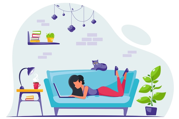 Freelancer de jovem está trabalhando em um laptop em casa. Trabalho remoto. Home Office. ilustração em um estilo simples.